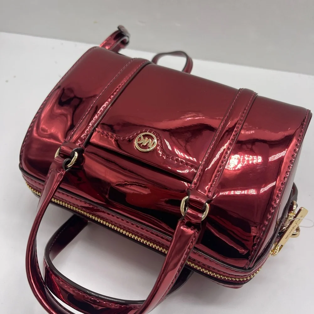 MICHAEL KORS Jet Set Sm Metallic Convertible Crossbody Duffle XBODY Cherry NWT